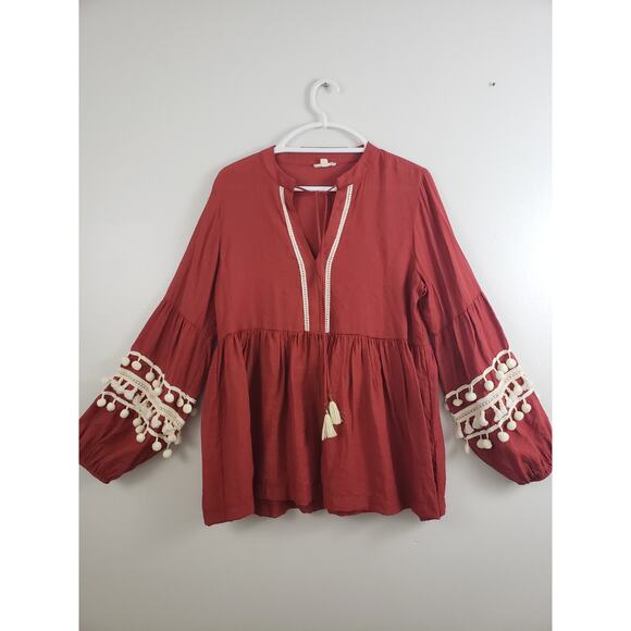 (O5) Cotton Bleu Womens Top Size L Pom Pom Peasant Boho Bohemia Tassel Rust - Picture 1 of 7